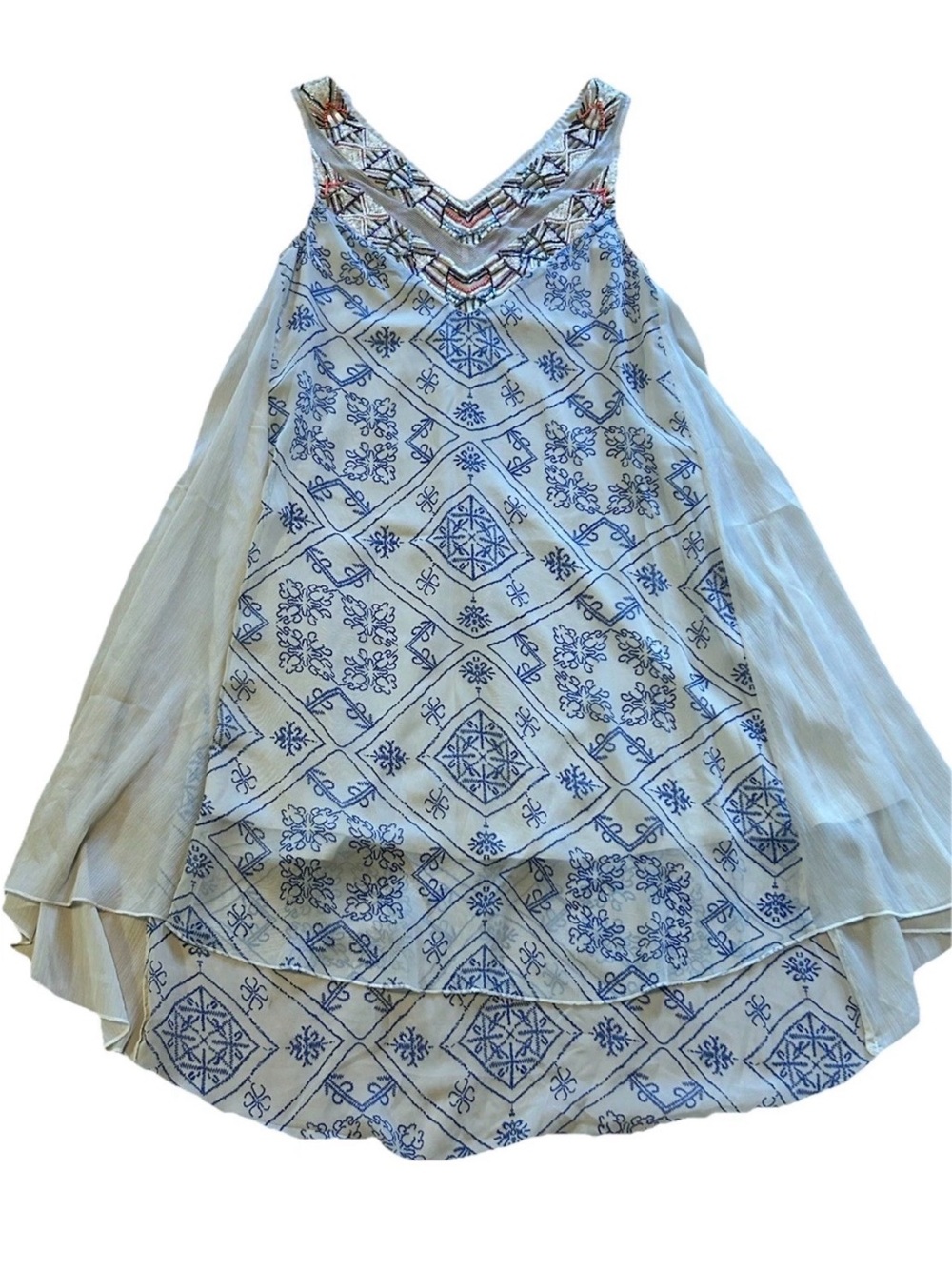 Free People Cream and Blue Embroidered Mini Dress